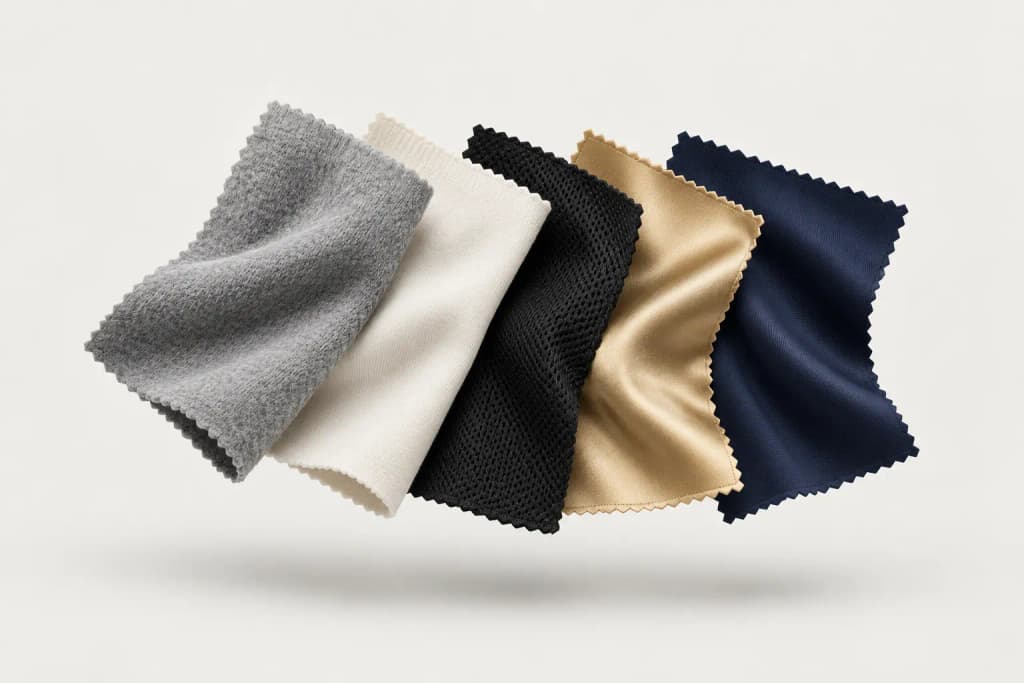 Fan of fabric swatches in grey fleece, white jersey, black mesh, gold satin and navy lycra