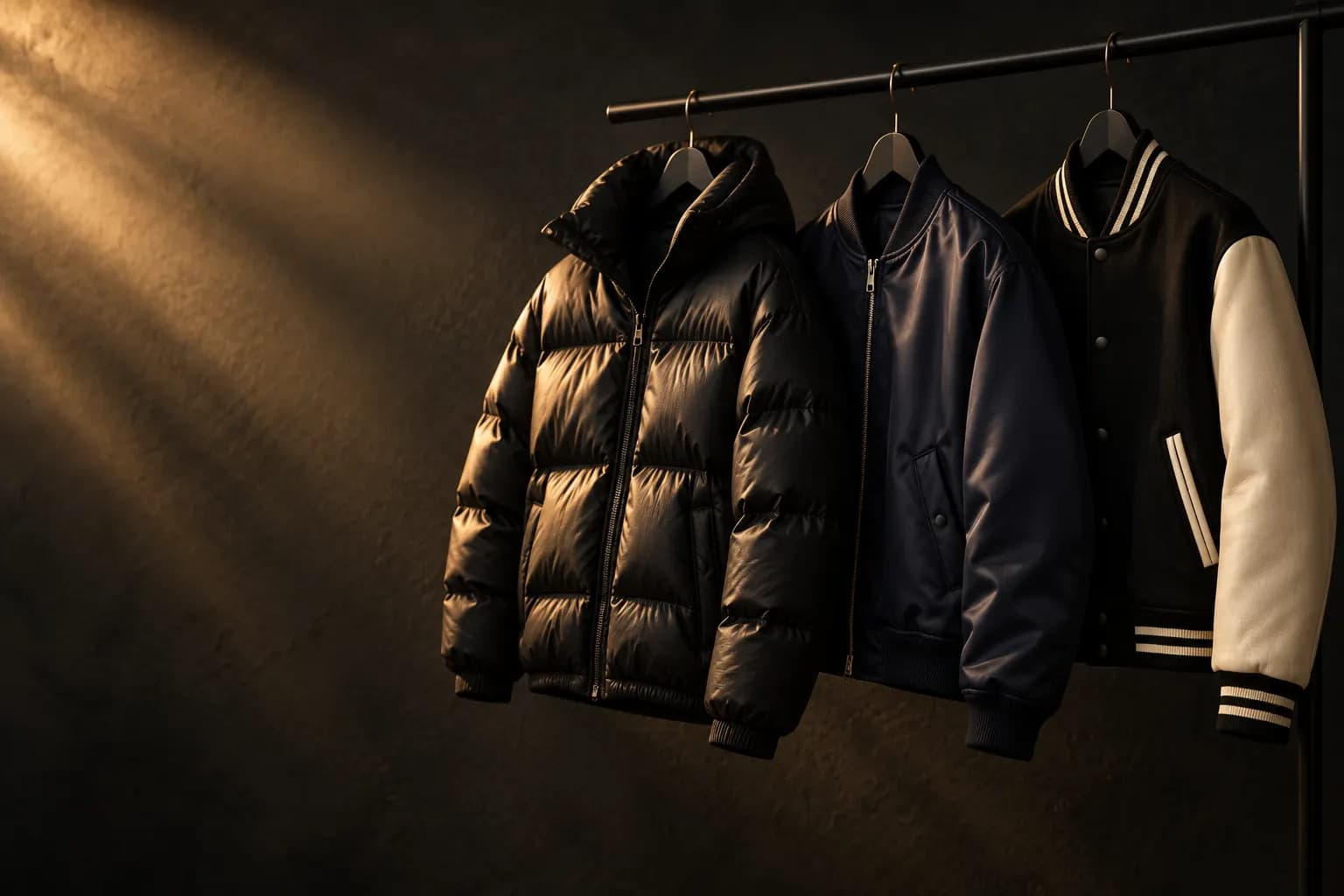 Puffer, satin bomber and varsity jackets hanging on a clothing rail against a dark wall