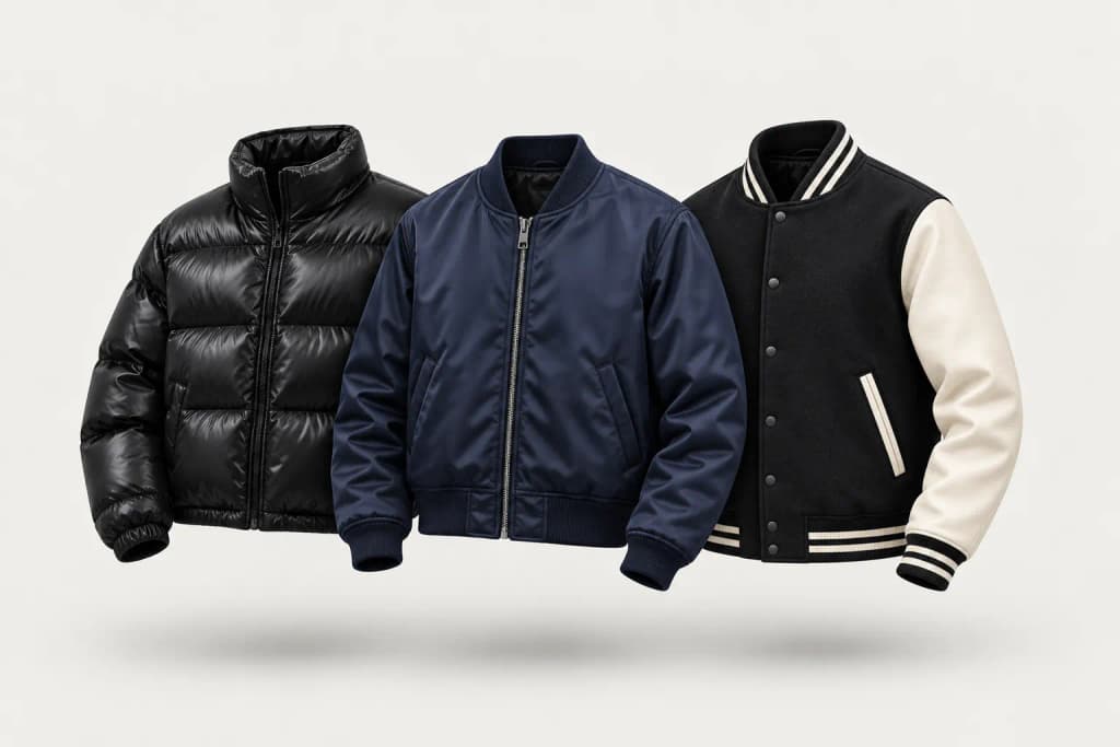 Black puffer jacket, navy satin bomber and black-and-cream varsity jacket