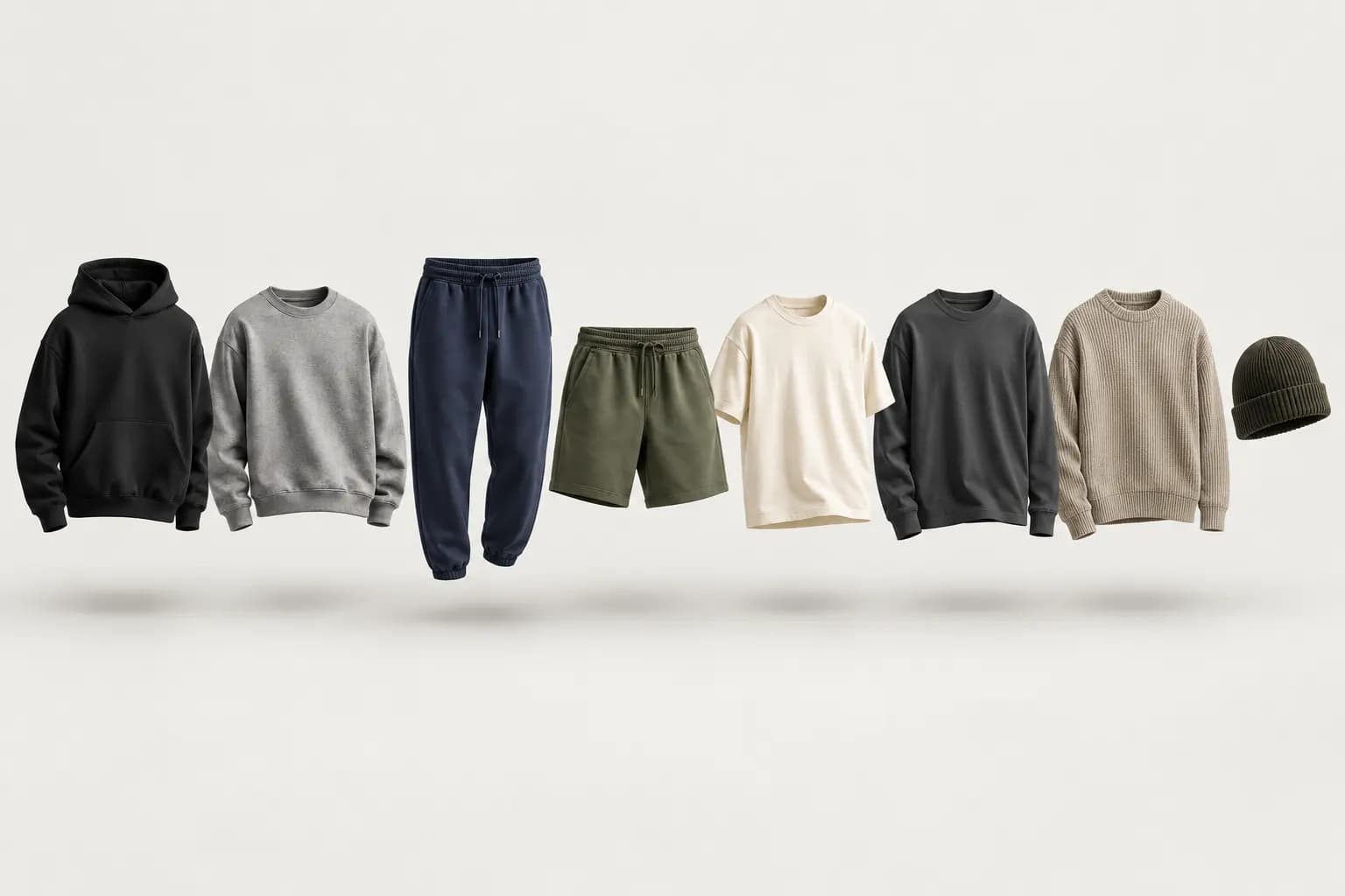 Row of hoodies, sweatshirts, joggers, shorts, t-shirts and a beanie floating in a line