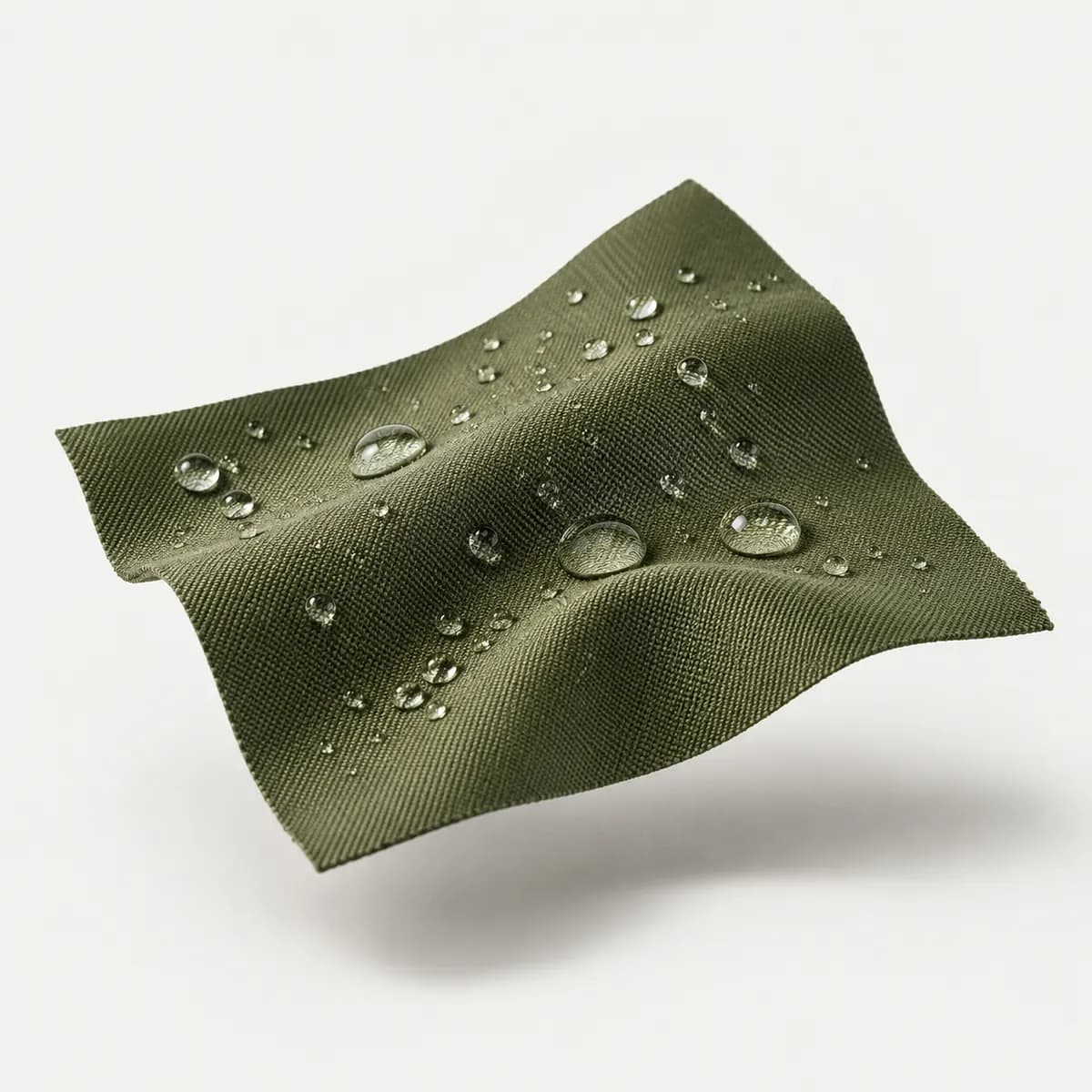 Olive water-resistant fabric with water droplets beading on the surface