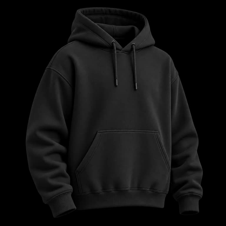 Black pullover hoodie with drawstrings and kangaroo pocket