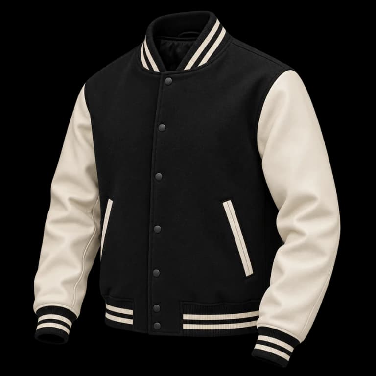 Black wool varsity jacket with cream leather sleeves and striped ribbed trims