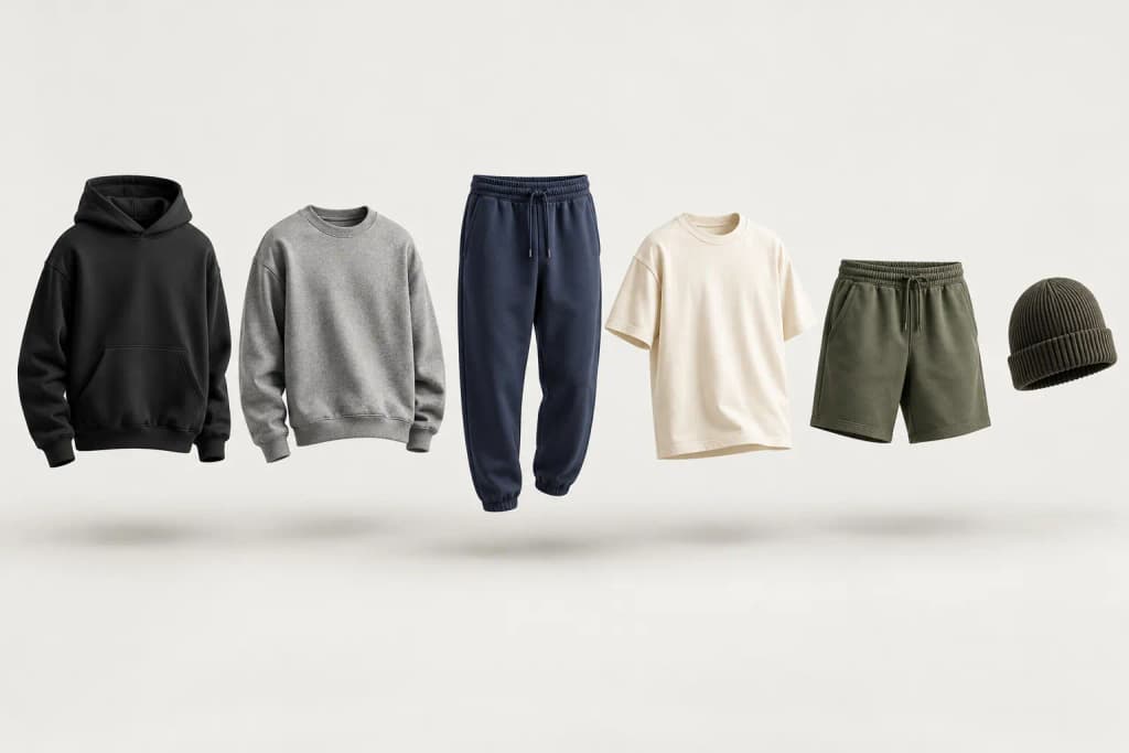 Black hoodie, grey sweatshirt, navy joggers, cream t-shirt, olive shorts and a knitted beanie floating in a row