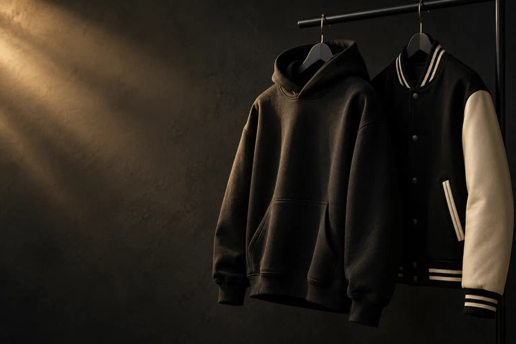 Black heavyweight hoodie and black-and-cream varsity jacket on matte hangers against a dark wall