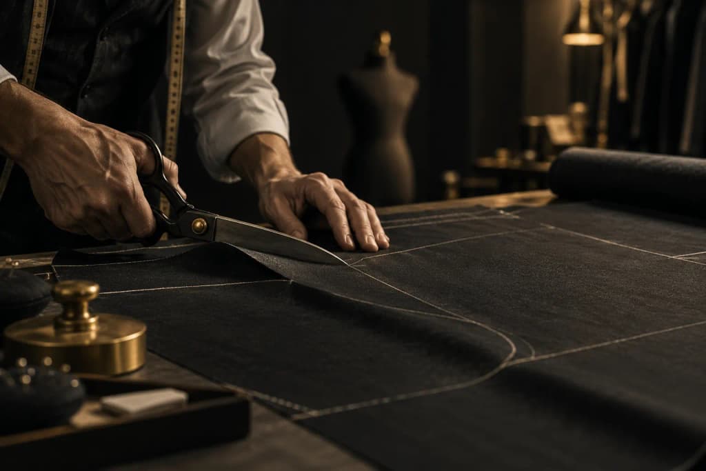 Tailor cutting dark fabric with large scissors on a chalk-marked cutting table