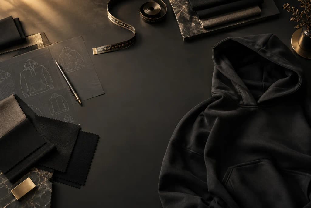 Design table with fabric swatches, garment sketches, measuring tape and a hoodie sample