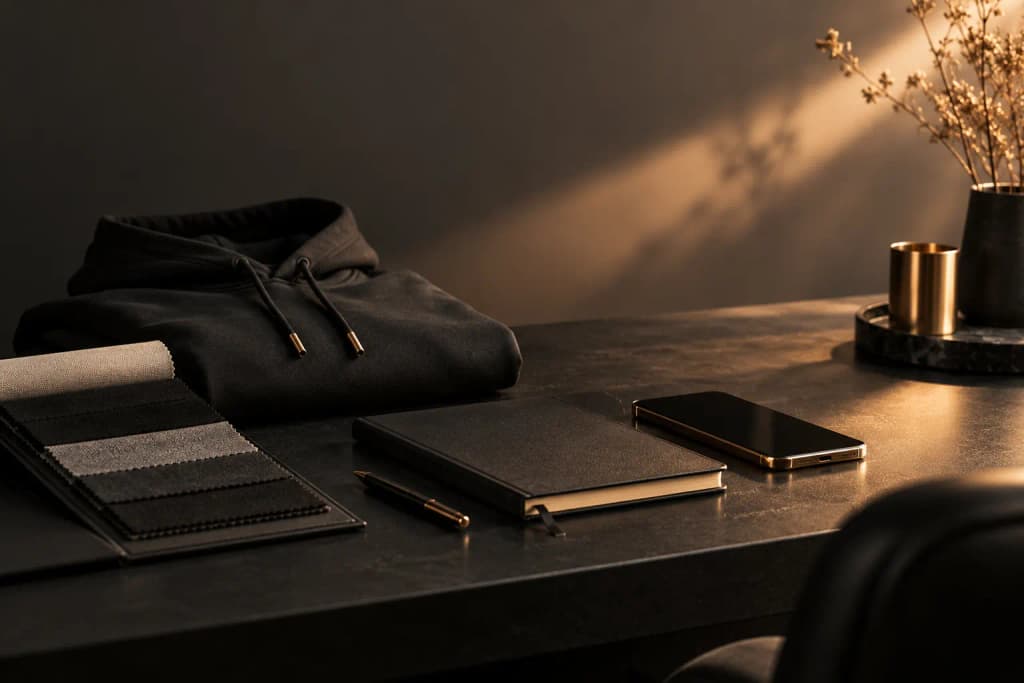 Desk with a folded hoodie, fabric swatch book, notebook and phone