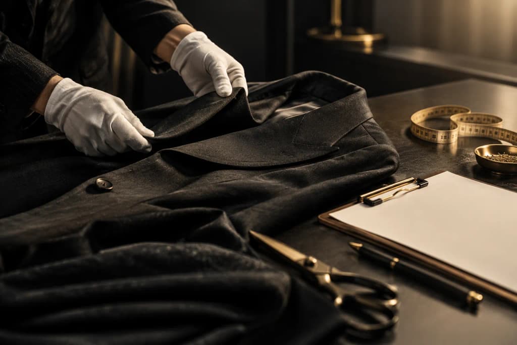 Garment being inspected on a table with a measuring tape and clipboard