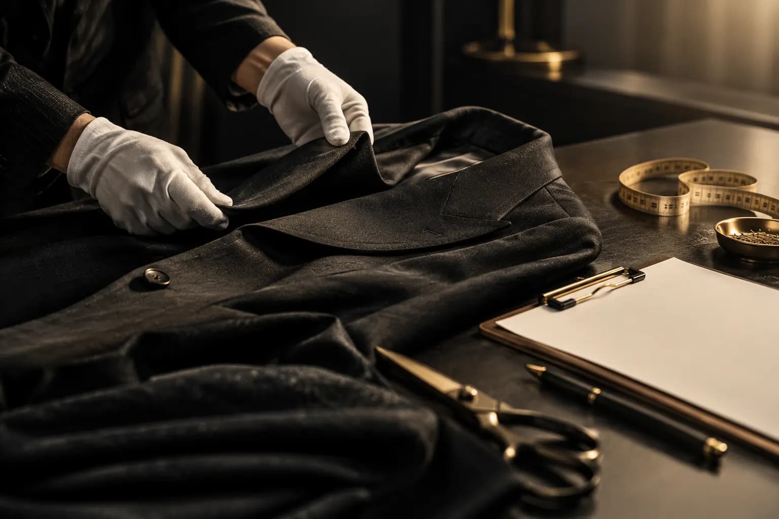 Garment being inspected on a table with a measuring tape and clipboard