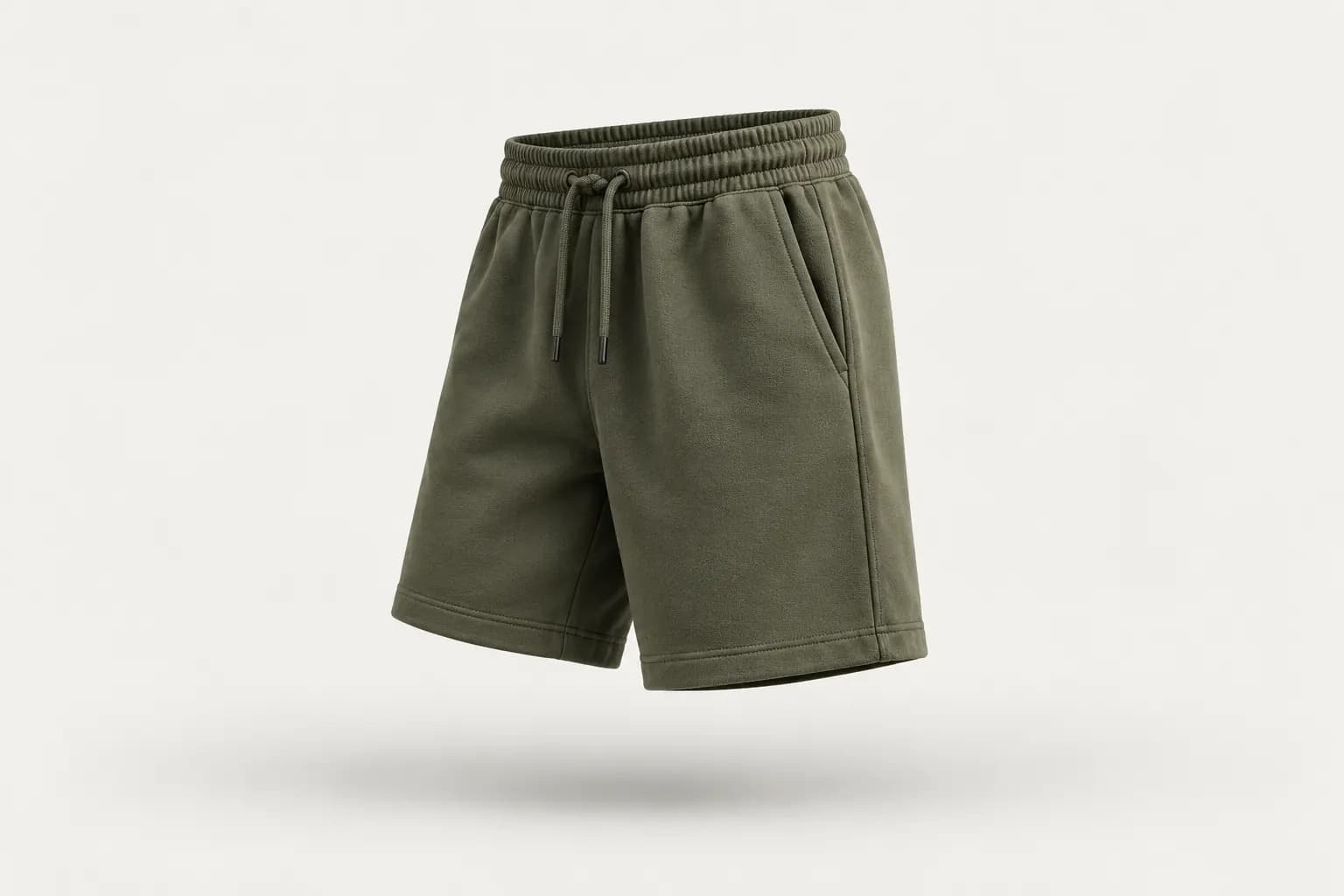 Olive green fleece shorts with drawstring and side pocket