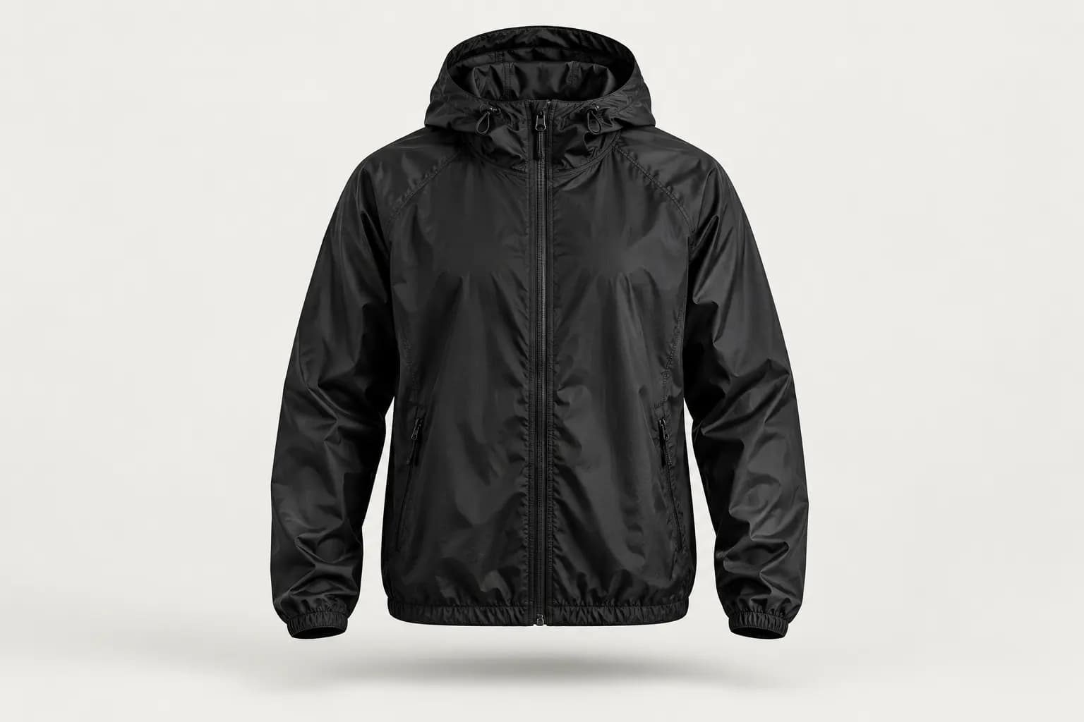Black lightweight nylon windbreaker jacket with hood