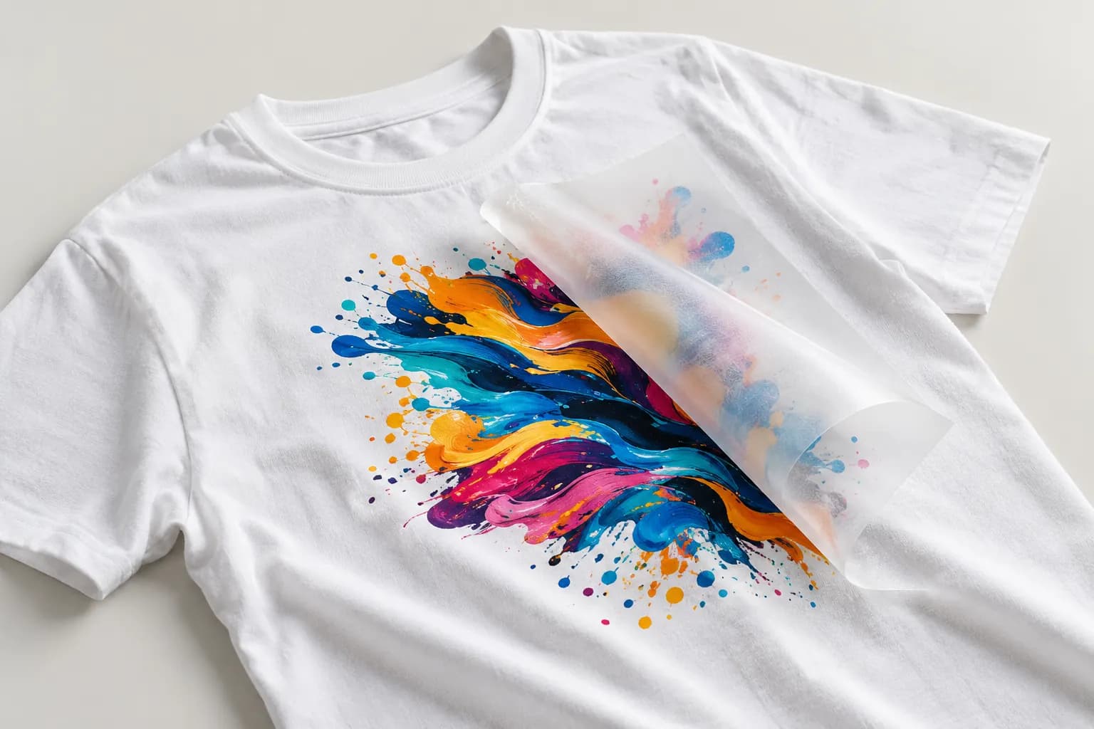 DTF transfer film with a colourful design being peeled from a white t-shirt