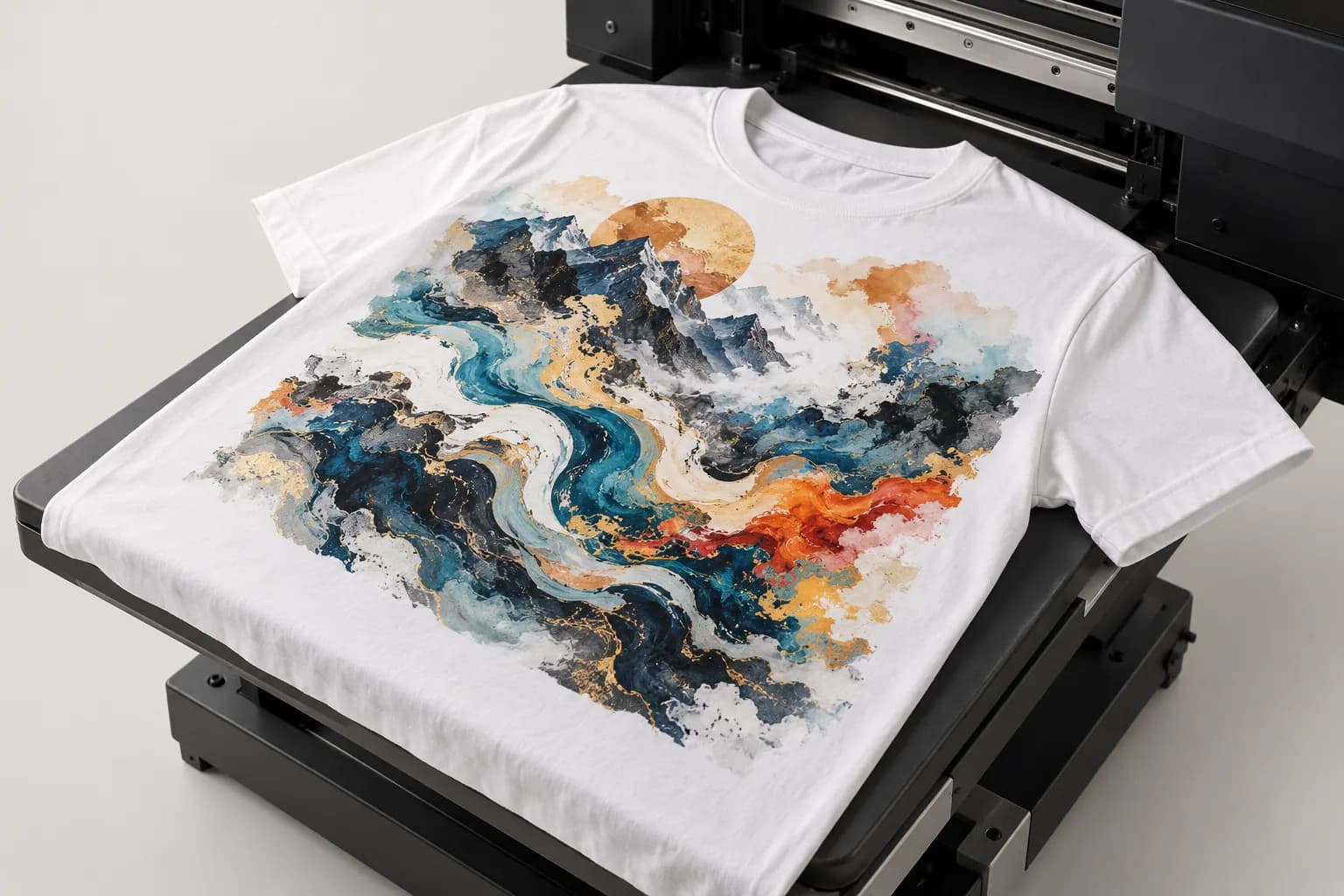 White t-shirt with full-colour artwork printed directly on it on a printer platen