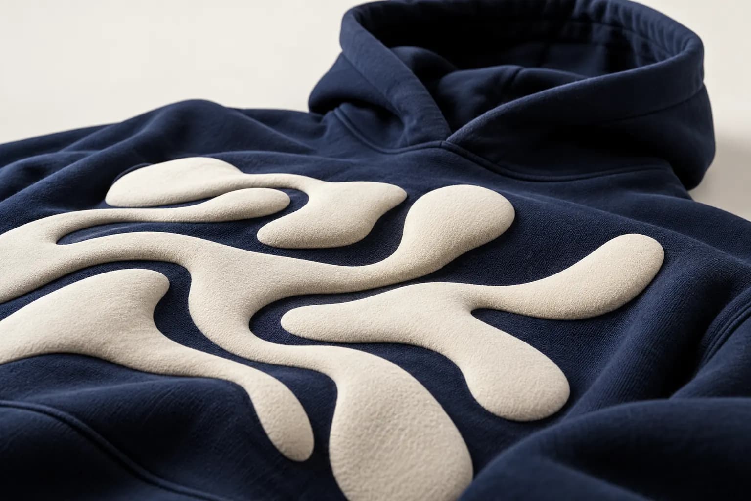 Raised puff print design in cream on a navy hoodie