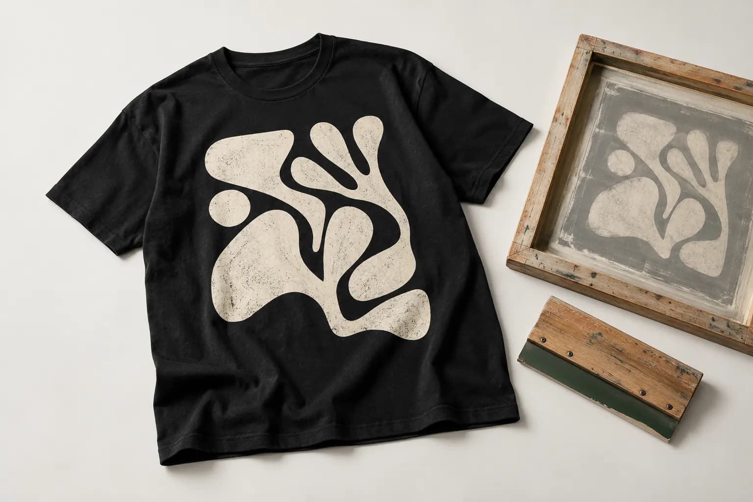 Black t-shirt with a cream screen print beside a screen frame and squeegee