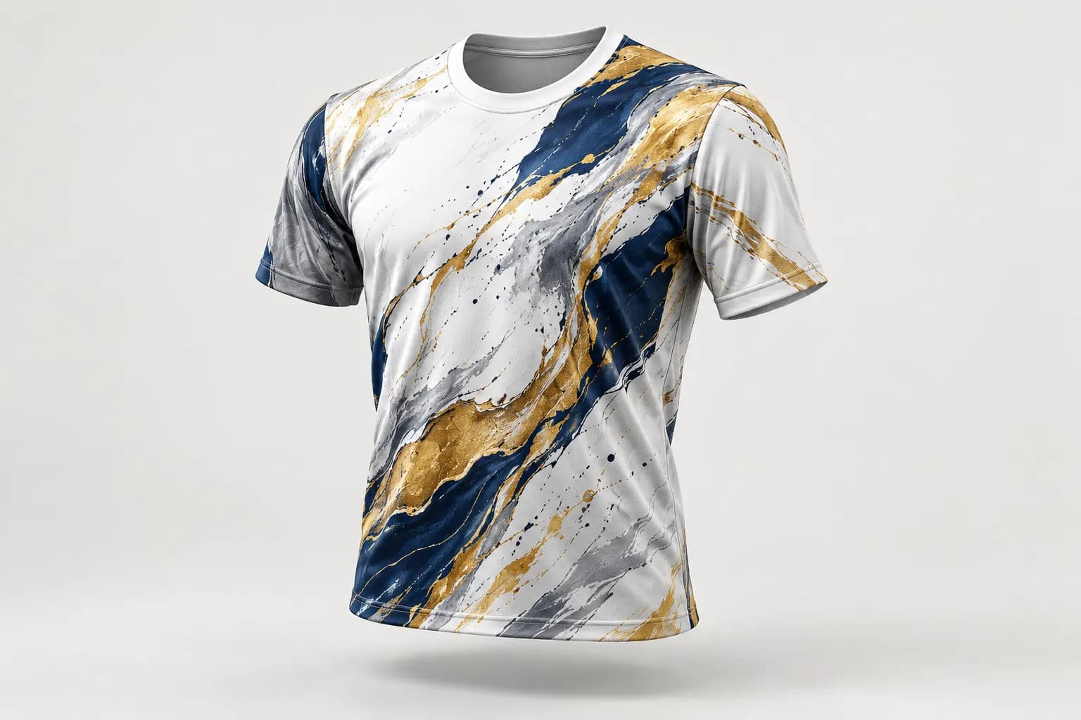 White athletic jersey with an all-over sublimation print in navy, gold and grey