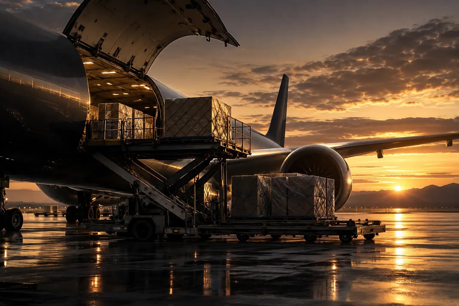 Cargo boxes being loaded into a cargo aircraft at dusk