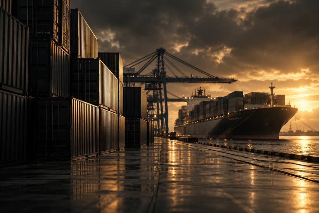 Stacked shipping containers at a port with a container ship